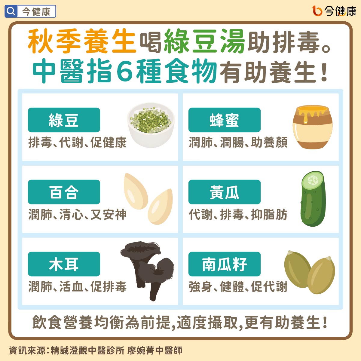 秋季養生喝綠豆湯助排毒。中醫指6種食物有助養生!