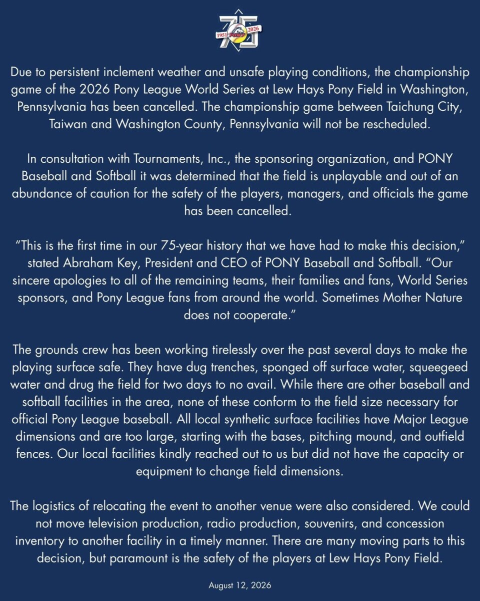 PONY Baseball and Softball 總裁暨執行長 Abraham Key 在取消這次的冠軍賽聲明中難掩遺憾地表示：「這是我們75年歷史以來，第一次不得不做出這樣的決定。我們向所有仍在參賽的球隊和來自世界各地的PONY League球迷，致上最誠摯的歉意。有時候，大自然就是不願意配合我們。」(影像自PONY官方網站)。