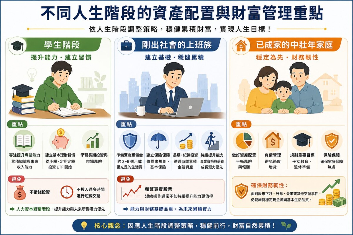 針對不同人生階段，蔡佳芬提出不同的資產配置與財富管理重點。(圖/國立中山大學管理學院)