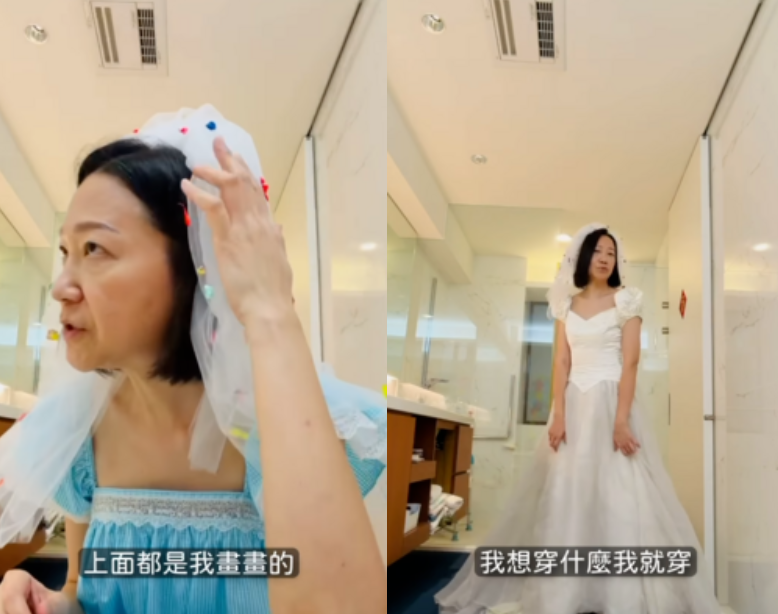 曲家瑞穿上20年前在紐約跳蚤市場買的婚紗。(圖/翻攝曲家瑞臉書)