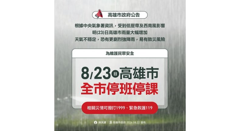 豪雨來襲!高雄明日停班停課