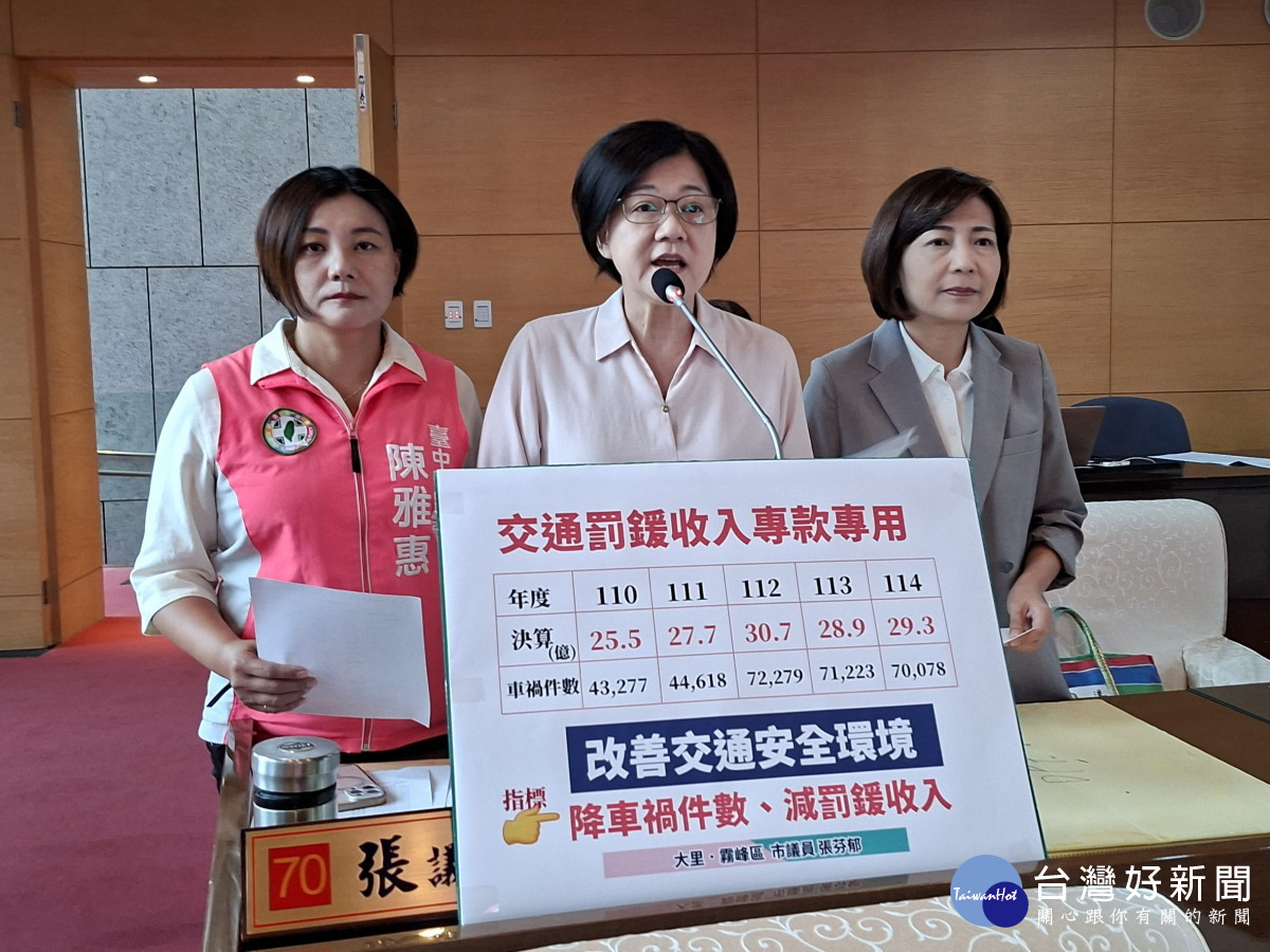 民進黨台中市議員張芬郁（中）關切交通罰鍰運用議題