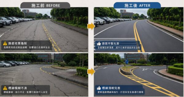 整建完成後的校園通行道路/整建路段為馬偕醫學大學重要聯外動線,在吉田開發建設捐款支持下完成改善,讓師生日常往返更加安心。(圖/吉田開發建設提供)