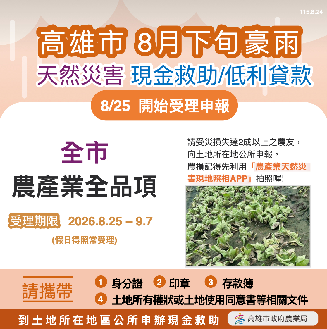 高雄市成功爭取8月下旬豪雨農產全品項災害現金救助  自115年8月25日起受理申請
