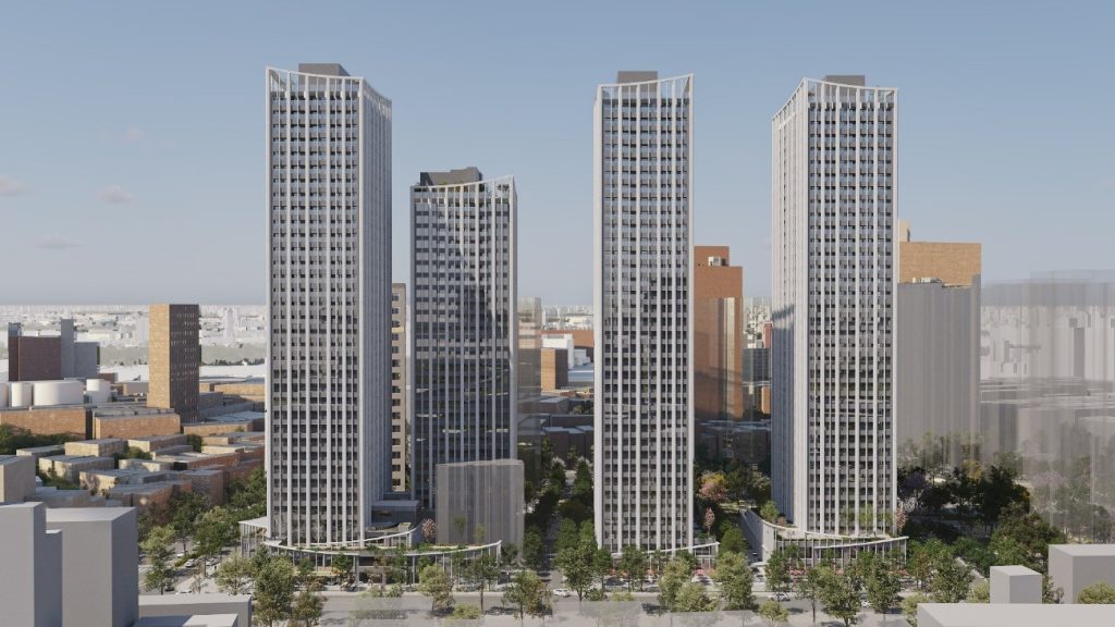 圖一更新後規劃興建4棟28~35層建築示意圖。（最優申請人提供）