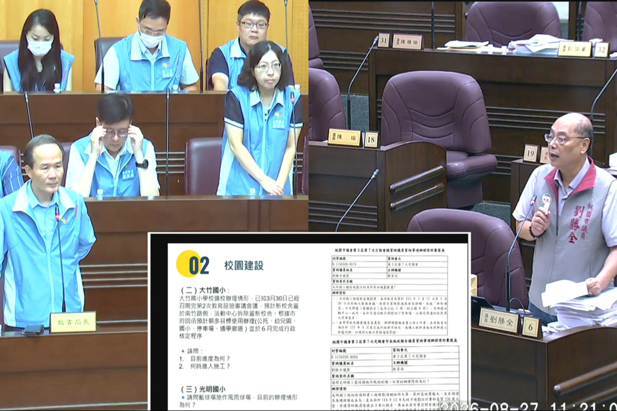 針對校園建設議題,桃園市議員劉勝全質詢教育局長劉仲成。