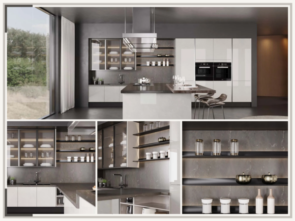 SCHMIDT司米C系廚房以簡約灰白色調搭配中島設計,整合櫥櫃、家電與開放式層架,兼顧收納機能、操作動線及現代居家質感。(圖/司米提供)
