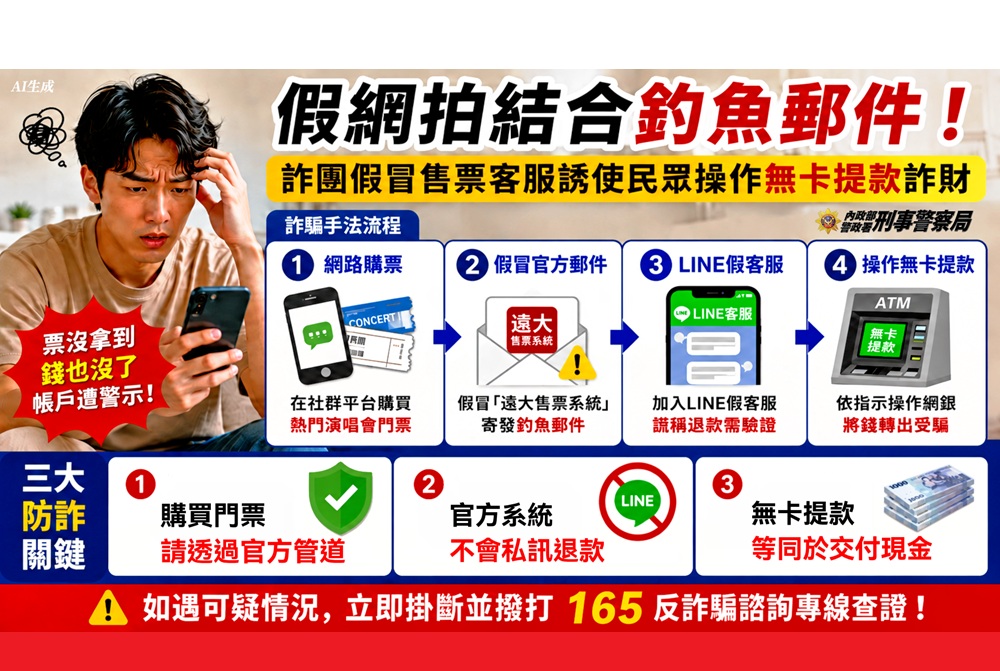 假網拍結合釣魚郵件 詐團假冒售票客服誘騙操作無卡提款 238 cnews204260829a03
