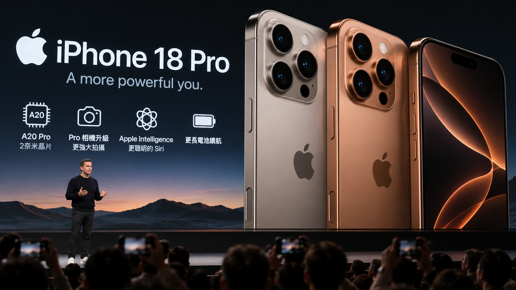 圖說：Apple正式發表新一代iPhone 18 Pro系列，2奈米A20 Pro晶片、AI與相機升級成為市場焦點。（AI生成示意圖）
