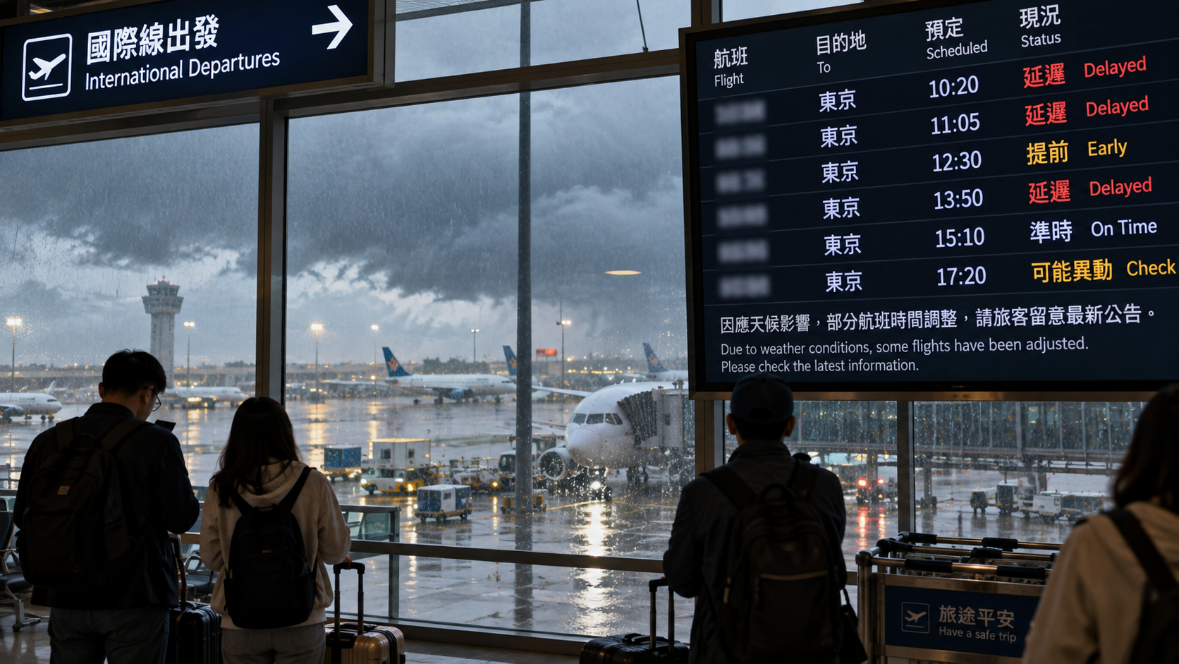 杜鵑颱風影響日本關東地區天候，台灣部分往返東京航班陸續調整，旅客出發前應留意航空公司最新航班資訊。圖為機場航班異動情境示意。（AI生成示意圖）