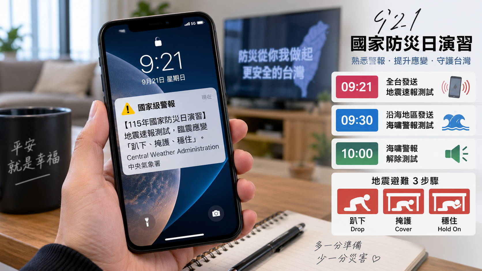 今（21）日上午9時21分將進行國家防災日地震速報測試，沿海地區9時30分接續進行海嘯警報測試。民眾收到演習警報無須驚慌，可同步練習「趴下、掩護、穩住」地震避難動作。（AI生成示意圖）