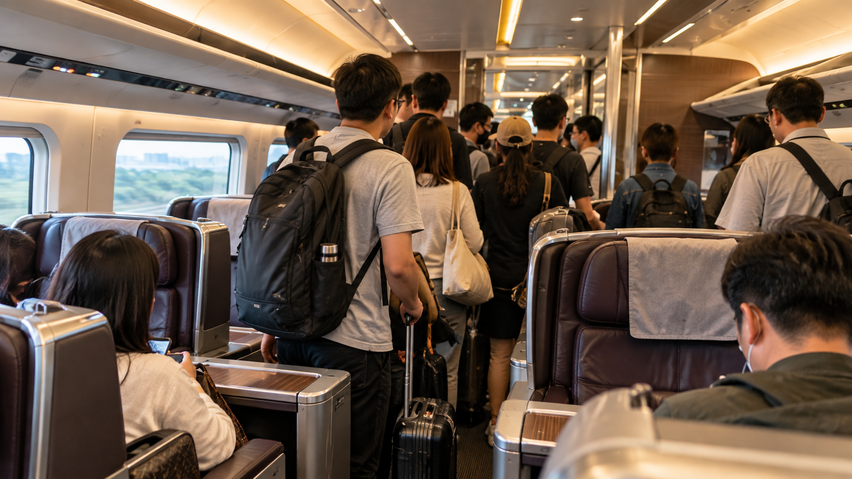 中秋連假高鐵旅運人潮爆量，部分自由座旅客一度進入商務車廂站立。圖為AI生成示意圖，非事件現場畫面。（AI生成示意圖）