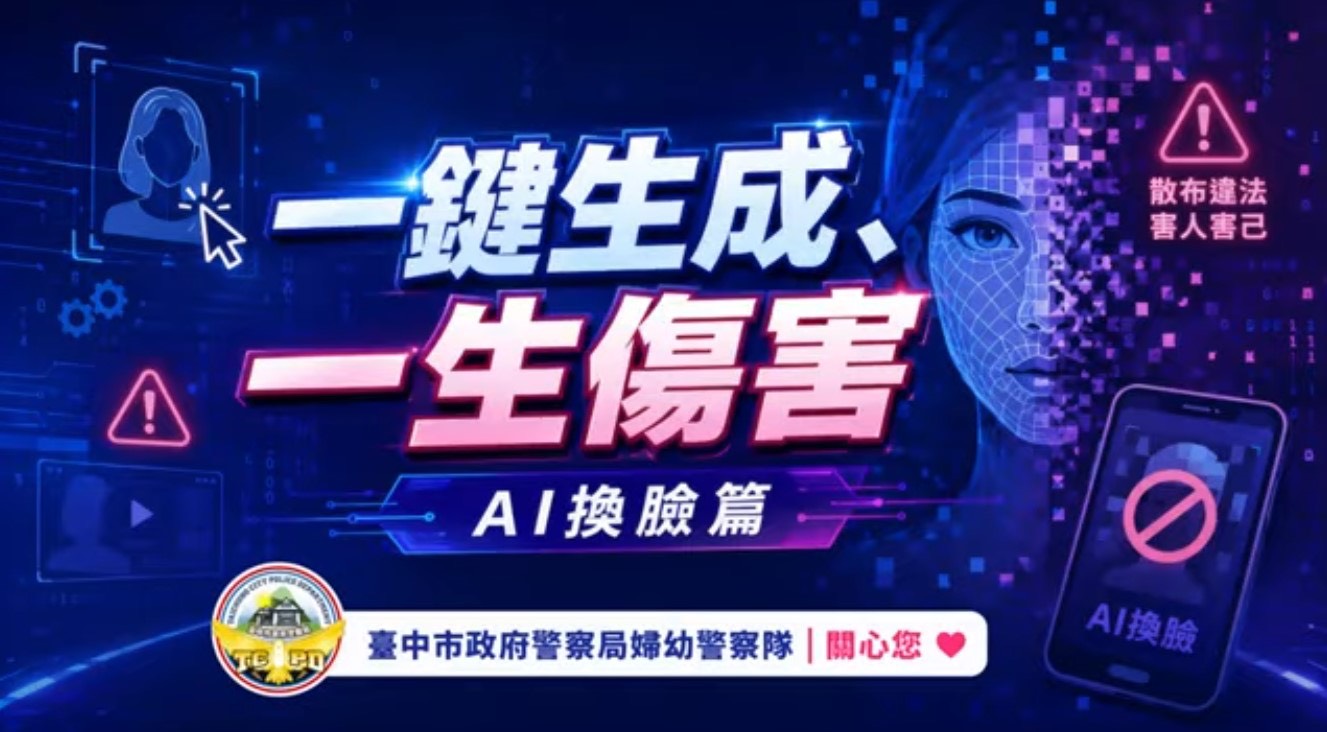 台中市警局婦幼警察隊響應國際女孩日，推出「一鍵生成，一生傷害」宣導影片，提醒民眾AI換臉合成性影像可能涉及法律責任。（圖／台中市警局提供）