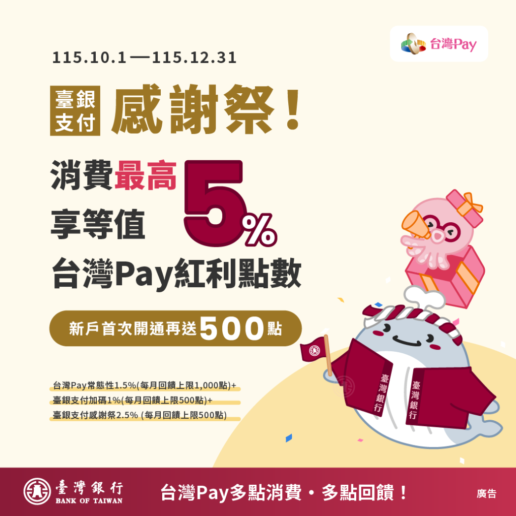 臺銀支付感謝祭!新戶首次開通就送台灣Pay紅利點數500點