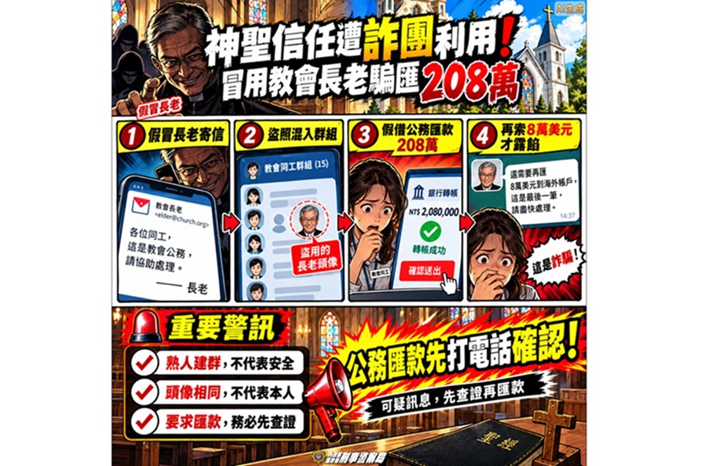 冒用教會負責人騙匯208萬元 警提醒別輕易信line要求證本人 262 cnews204261017a03