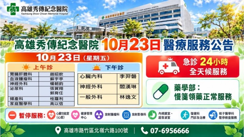 颱風期間醫療服務異動 高雄秀傳紀念醫院公告10/23門診及檢查安排