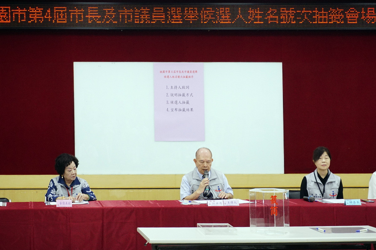 桃園市選舉委員會日辦理「桃園市選委會27日舉行「桃園市第4屆市長及市議員選舉候選人號次抽韱」作業。