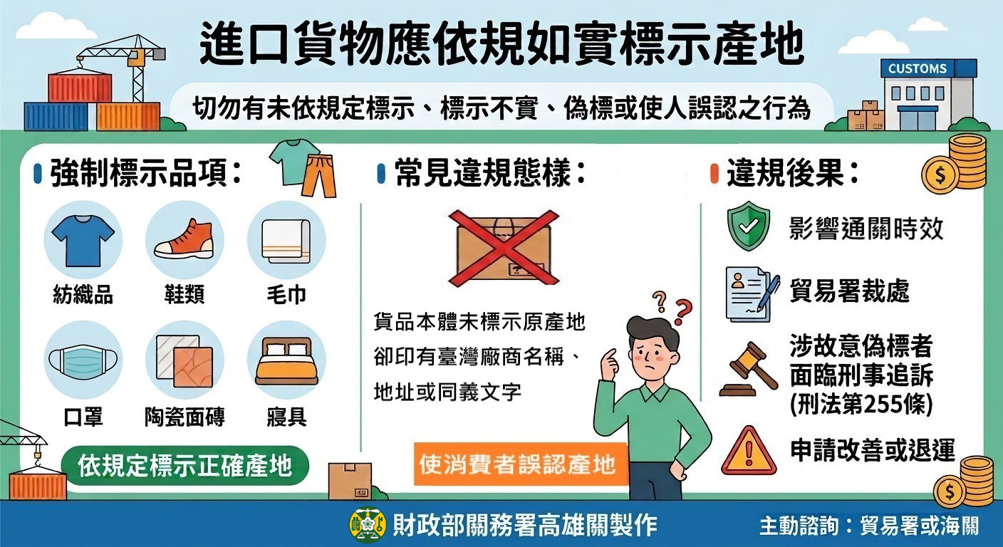 高雄關籲請進口人應依規定正確標示產地，確保通關順暢