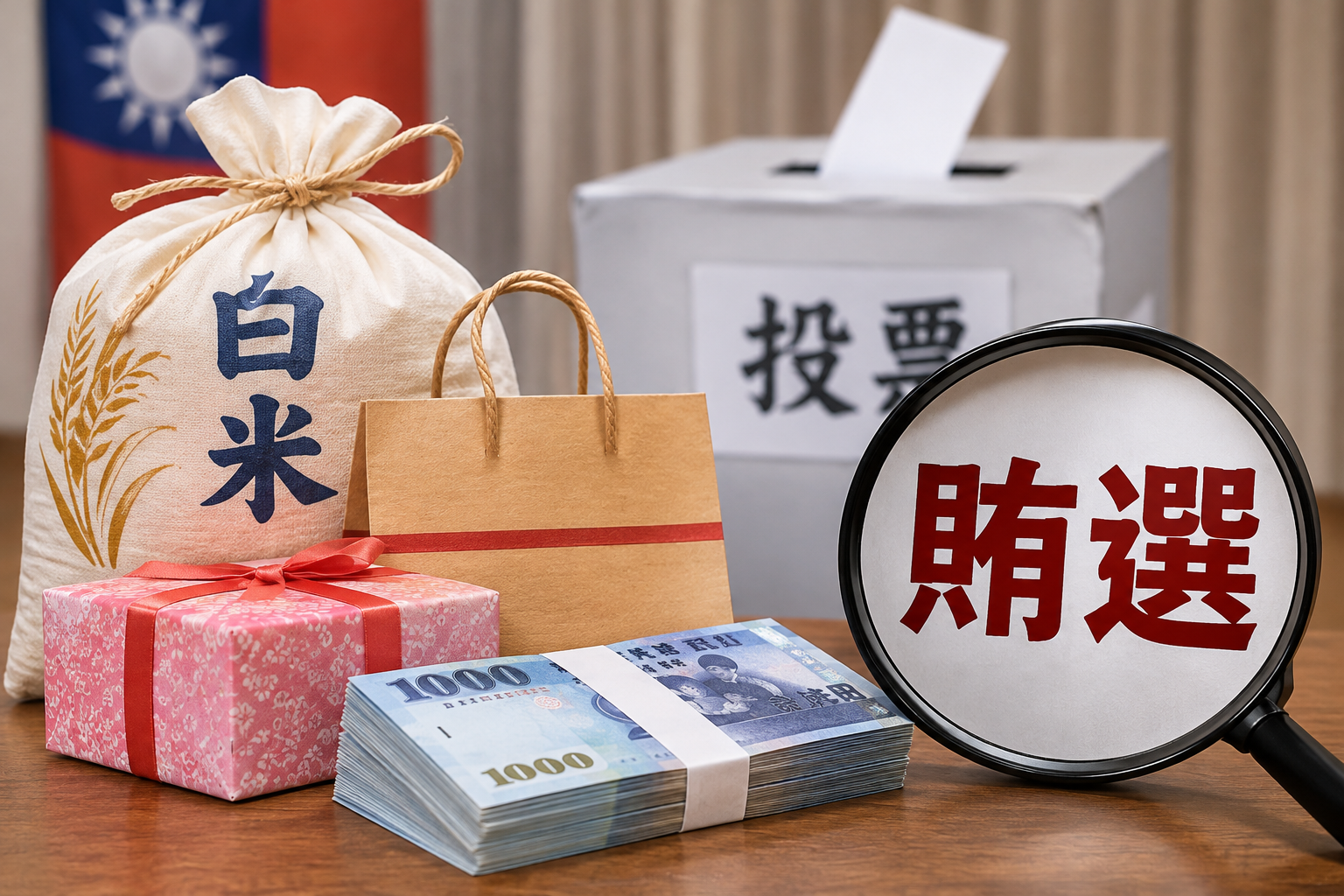 臺中烏日區一名里長候選人涉嫌利用伴手禮、宮廟捐贈的慈善白米賄選，並安排5名親屬虛遷戶籍增加票源，遭法院裁定羈押禁見。（AI生成示意圖）