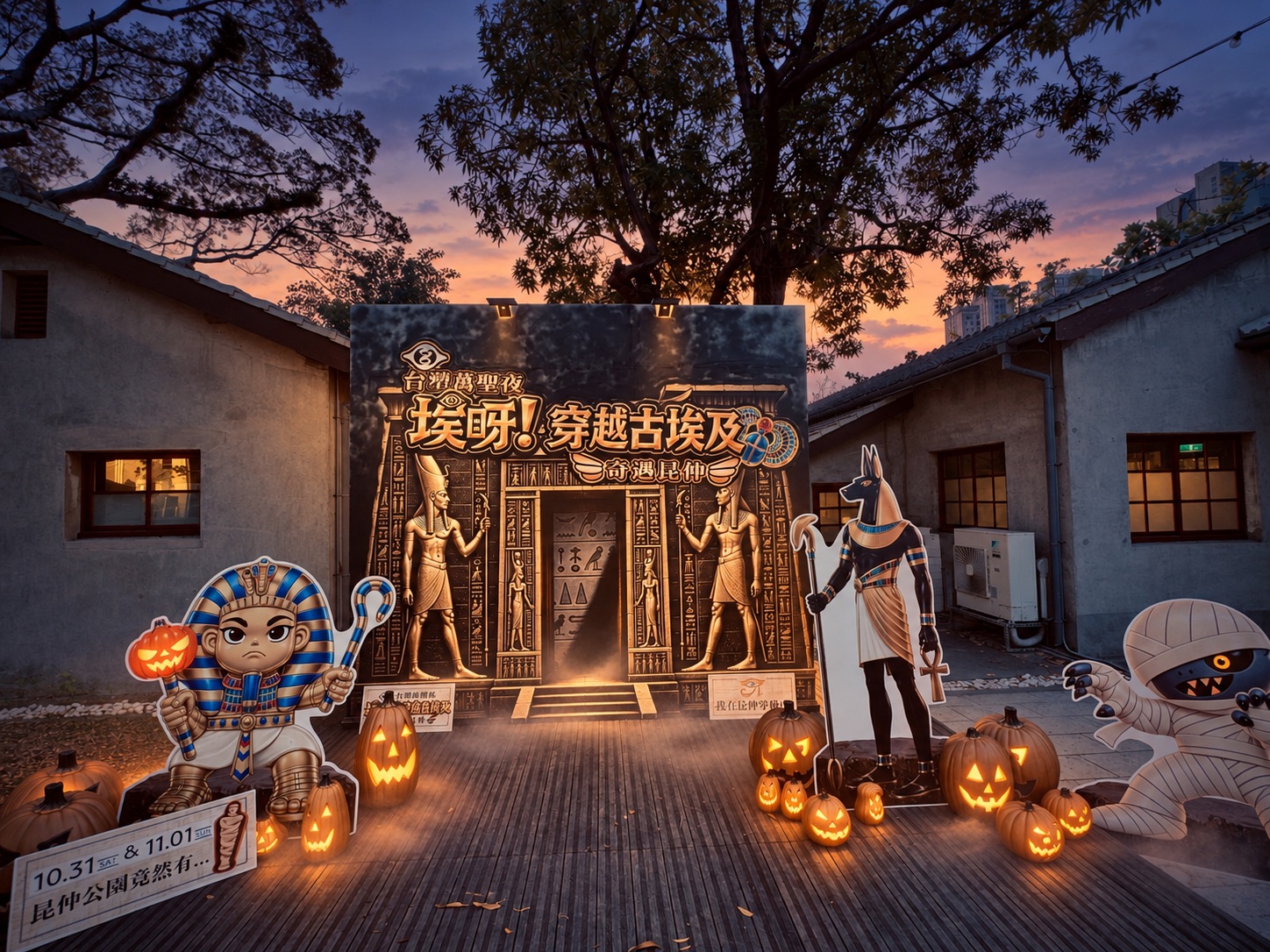 ▲台塑生醫在台塑王氏昆仲公園布置古埃及萬聖節場景。（圖/台塑提供）